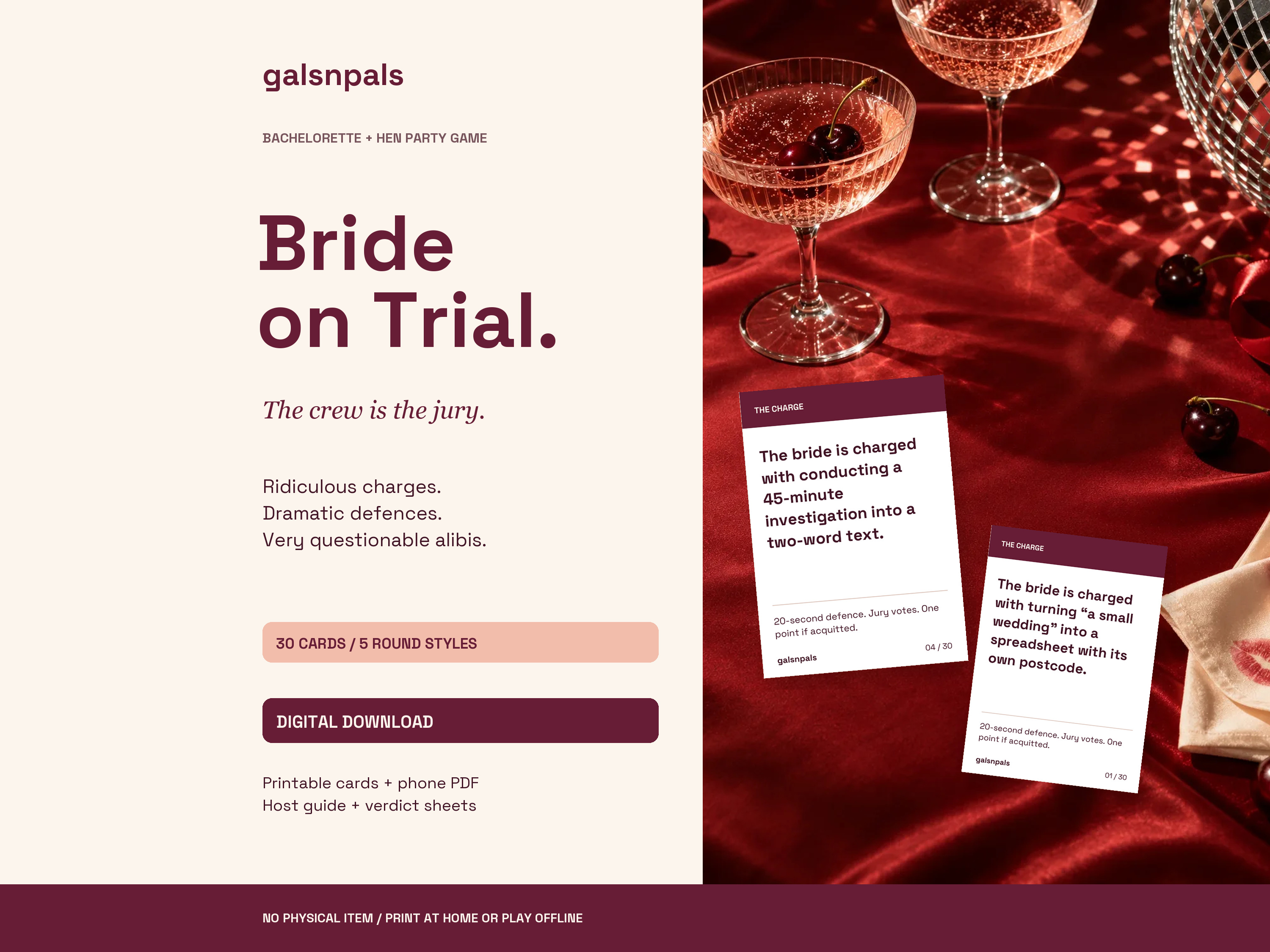 Bride on Trial printable game cards styled with red satin, cherries and a disco ball