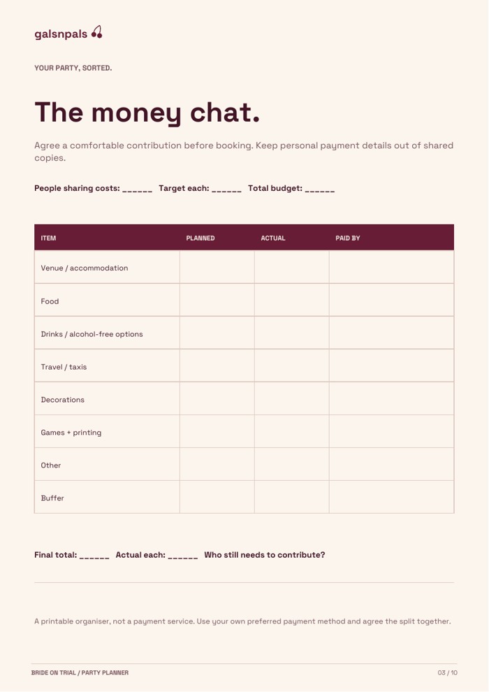 Sample of the included printable party budget and cost-split worksheet